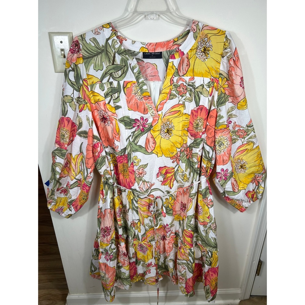 Lane Bryant Floral Mini Dress Women 24 Garden Party Boho Pockets Tie-Waist Lined